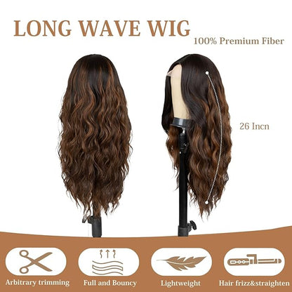 26 inch Lace Hairline Brown Mixed Highlight Wigs for Women, Middle Part Long Curly Wig Heat Resistant Synthetic Hair Looking Natural, Fiber Wig for Daily Party Use