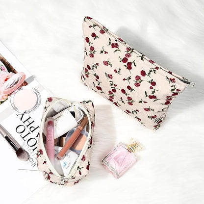 2 Pieces Rose Makeup Bag Large Corduroy Cosmetic Bag Capacity Canvas Mix Travel Toiletry Bag Organizer Cute Makeup Brushes Aesthetic Accessories Storage Bag for Women, Rose Mix White