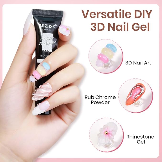 MIZHSE 3D Nail Gel and Chrome Nail Powder Kit, Clear Sculpting Gel for Nail Art Nail Charms 3D Gel Nail Art No Wipe Molding Gel for Nails Decoration Manicure Home DIY