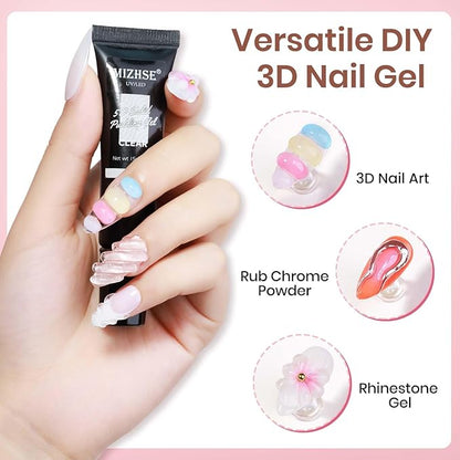 MIZHSE 3D Nail Gel and Chrome Nail Powder Kit, Clear Sculpting Gel for Nail Art Nail Charms 3D Gel Nail Art No Wipe Molding Gel for Nails Decoration Manicure Home DIY