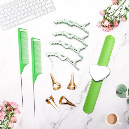 17 Pieces Hair Parting Tools Set Heart, Included 8P Hair Parting Ring 2P Metal Rat Tail Comb 6P Hair Sectioning Clip with 1P Magnetic Wrist Sewing Pin Holder for Braiding (Green)