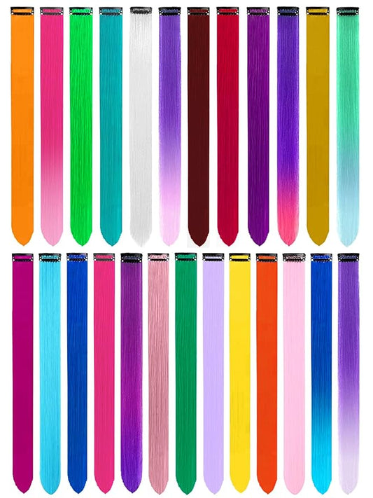 25 PCS Colored Hair Extensions, Colorful Party Highlights Multi-colors Clip in Hair Extensions, Rainbow Synthetic Hairpieces for Girls Women Kids Gift Hair Pieces Party(22 In)