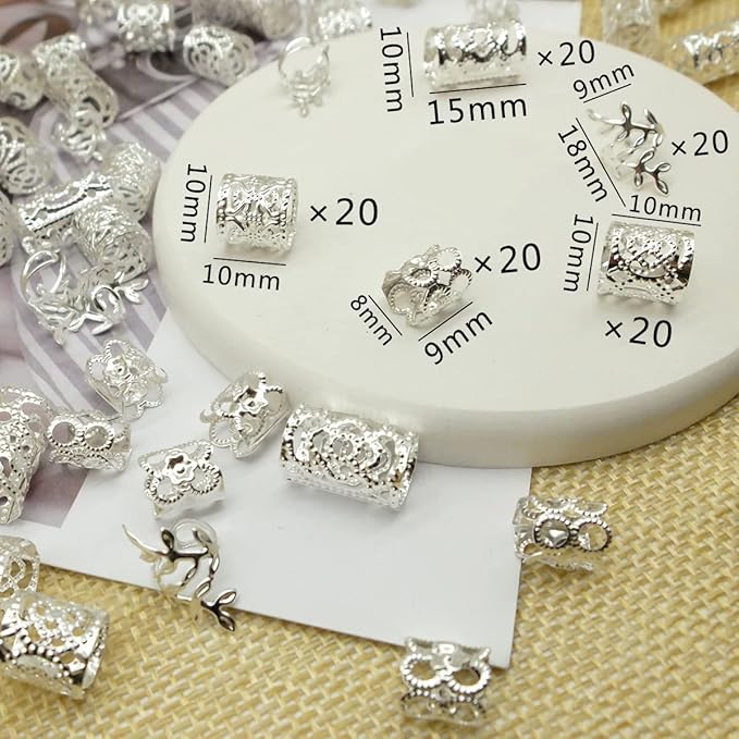 100pcs Silver Hair Jewelry for Braids Loc Jewelry Rings for Hair Adjustable Cuffs Dreadlocks Hair Beads for Women Braids Accessories