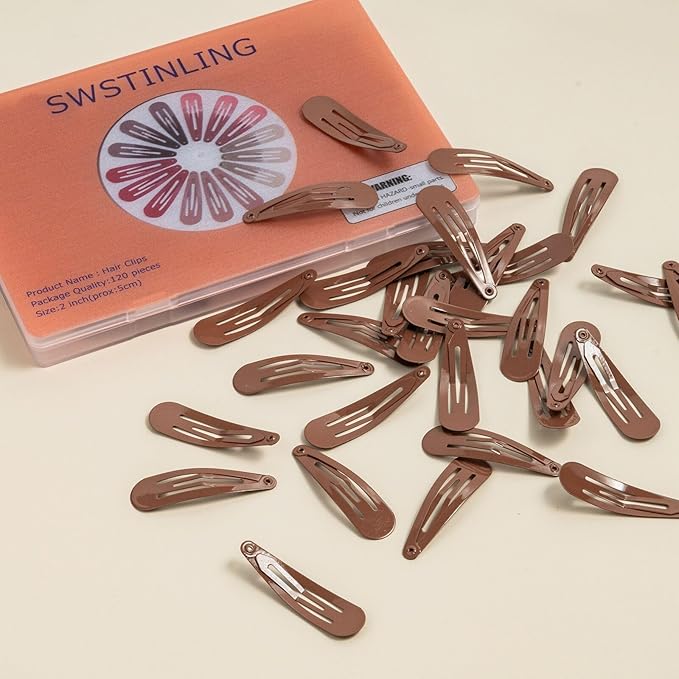 120 Pack Brown Metal Snap Hair Clips - Non-Slip Hairpins Barrettes for Women & Girls, Secure Braids, Updos, Buns - Durable & Lightweight (Plastic Storage Box Included)