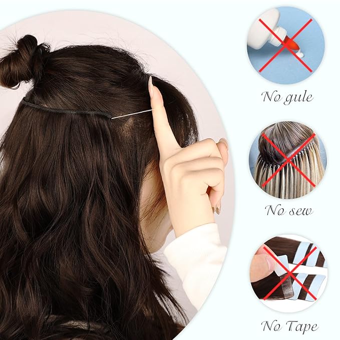 MORICA Invisible Wire Hair Extensions - 20 Inch Chestnut Brown Long Wavy Synthetic Hairpiece with Transparent Wire Adjustable Size, 4 Secure Clips for Women
