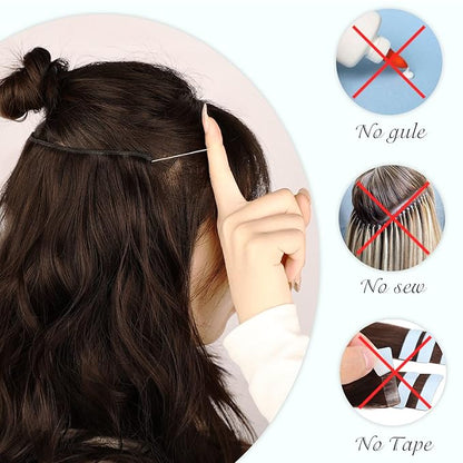 MORICA Invisible Wire Hair Extensions - 20 Inch Chestnut Brown Long Wavy Synthetic Hairpiece with Transparent Wire Adjustable Size, 4 Secure Clips for Women