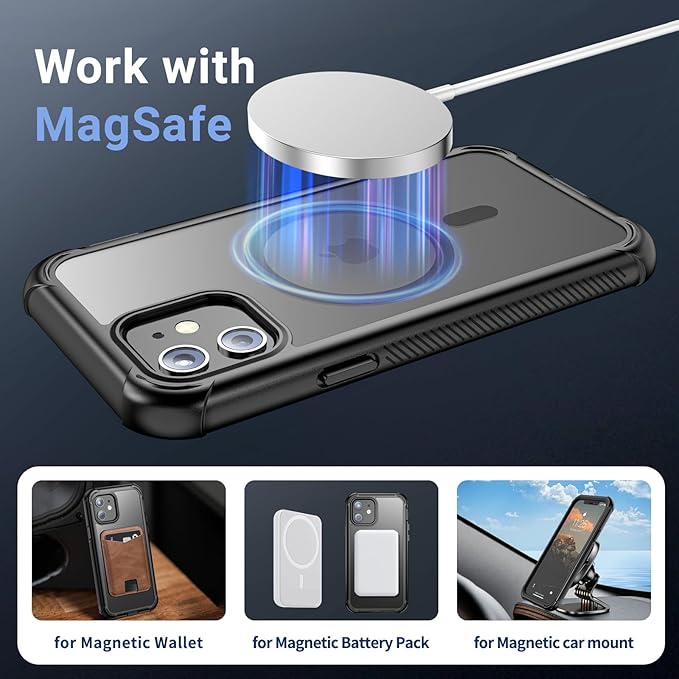 for iPhone 12 Case/iPhone 12 Pro Case, [Compatible with MagSafe][Military Grade Drop Protection][Heavy Duty Protection][Non-Slip][Shockproof] with 2-Layer Durable Bumper Phone Case 6.1''-Black