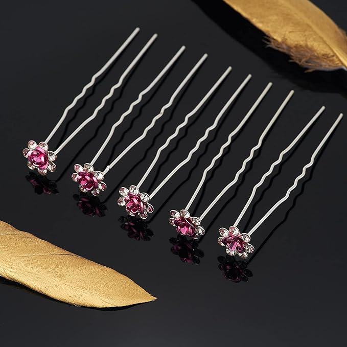 20 Pack (Pink) Crystal Hair Pins Rose Flower Rhinestone Hair Clips for Bridal Wedding Women Hair Jewelry Accessories, with Clear Container