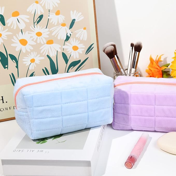 2 Pieces Makeup Bag Cute Cosmetic Bag Plush Blue Purple Makeup Pouch Travel Toiletry Bag Organizer Makeup Brushes Storage Bag for Women