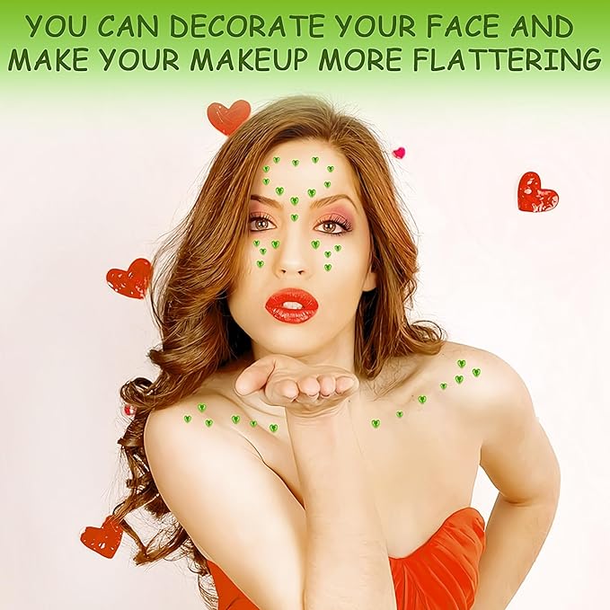 264Pcs Heart Face Gems Love Gems, Self-Adhesive Face Jewels Rhinestones 5/7/10 mm DIY Face Gems Stick on, Valentine Makeup Gems Rave Accessories for Face Eyes Hair Makeup Body, Crafts (Green)
