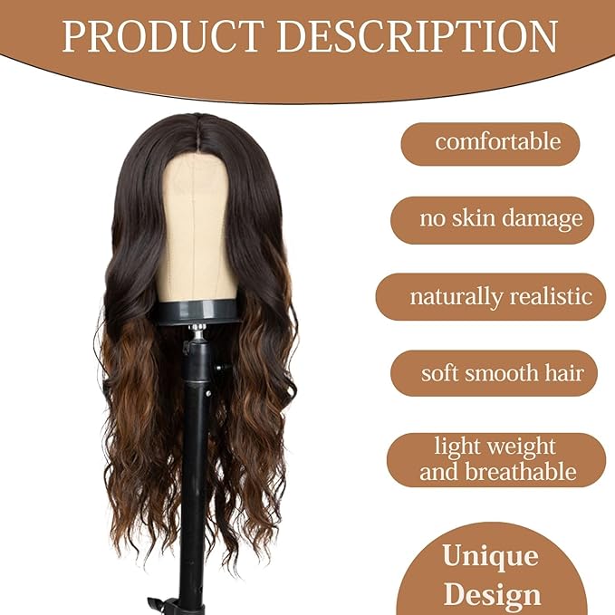 26 inch Lace Hairline Brown Mixed Highlight Wigs for Women, Middle Part Long Curly Wig Heat Resistant Synthetic Hair Looking Natural, Fiber Wig for Daily Party Use