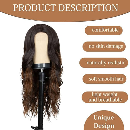 26 inch Lace Hairline Brown Mixed Highlight Wigs for Women, Middle Part Long Curly Wig Heat Resistant Synthetic Hair Looking Natural, Fiber Wig for Daily Party Use