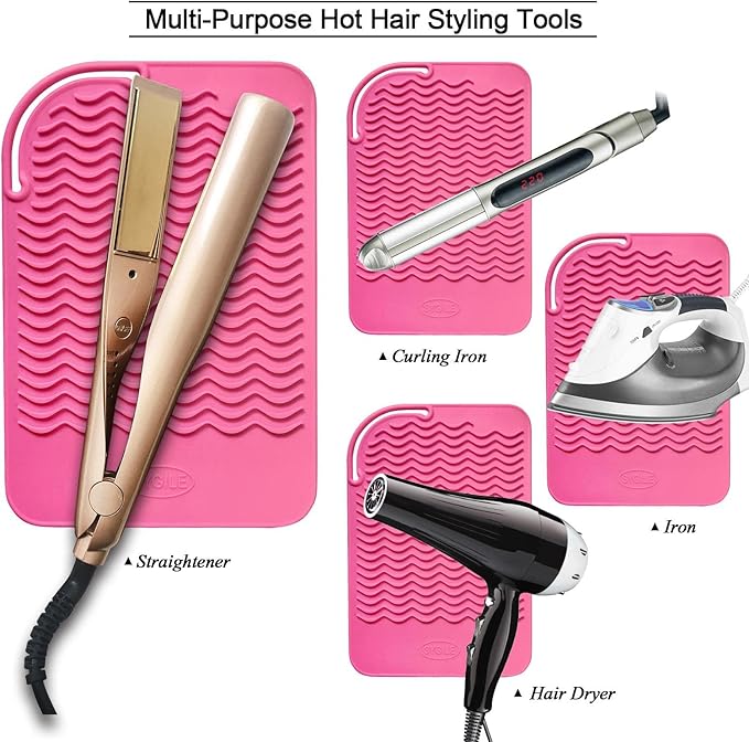 11" X 7.5" Large Size Heat Resistant Silicone Travel Mat, Anti-Heat Pad for Hair Straighteners, Hair Rollers, Curling Irons, Flat Irons and Other Hair Styling Tools - Baby Pink