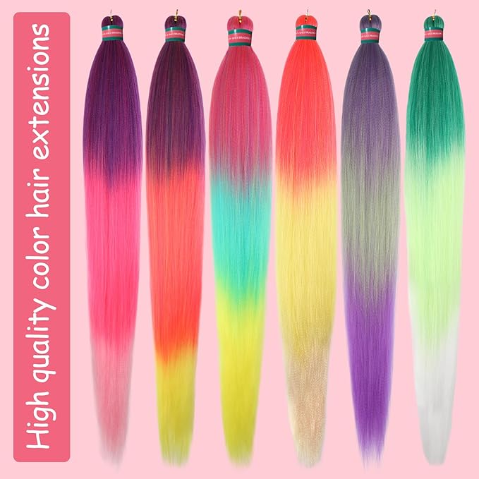 Ombre Purple-Green Pre Stretched Braiding Hair, 36 Inches Braid Hair Extensions, 8 packs Multi Color Blend Braiding Hair Pre-stretched, Crochet Hair Braiding