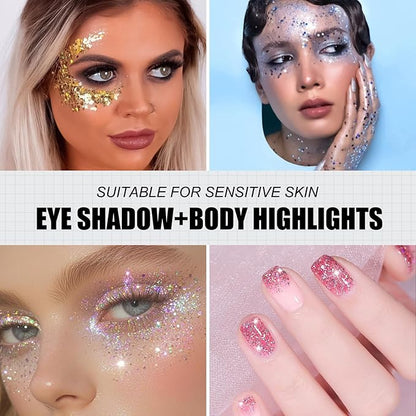 16 Colors Chunky Fine Mixed Holographic Glitter Gel Set for Face and Body Makeup Festival Party Sparkle Glitter Gel Decoration Rave Accessories