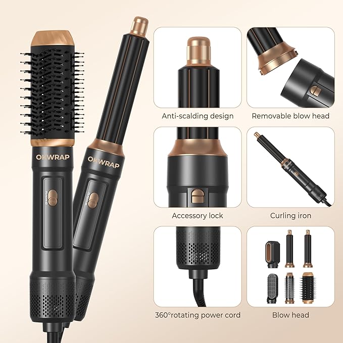 6 in ONE Blow Dryer Brush, Curling Wand Hair Styling Tools Set, Ionic Hot Air Brush Hair Dryer, Massage Oval Hair Dryer Brush, Left&Right Hair Curlers (Black Gold)