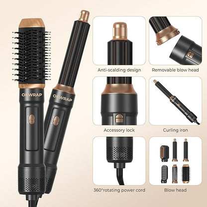 6 in ONE Blow Dryer Brush, Curling Wand Hair Styling Tools Set, Ionic Hot Air Brush Hair Dryer, Massage Oval Hair Dryer Brush, Left&Right Hair Curlers (Black Gold)