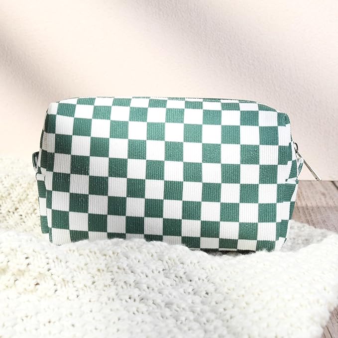 2 Pcs Checkered Makeup Bag Large Cosmetic Bag Toiletry Bag Makeup Pouch Travel Bag Organizer Cute Makeup Brushes Aesthetic Accessories Storage Bag for Women Olive Green