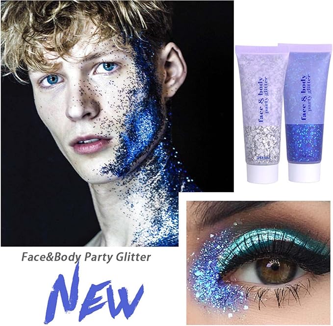 DAGEDA Body Glitter Gel, Face Glitters Body Gel Sequins Shimmer Liquid Eyeshadow, Chunky Glitter for Face Hair Nails, Holographic Cosmetic Laser Powder Festival Glitter Makeup 50ml(Blue)