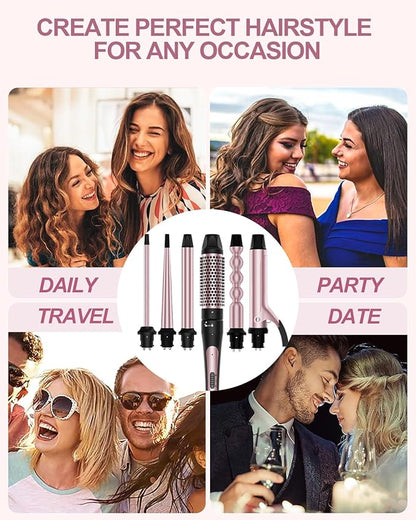 6 in 1 Curling Iron, Curling Wand Set with Thermal Brush (1.5inch) & 1inch Bubble Curling Wand and 3 Interchangeable Ceramic Barrel (0.35"-1.25"), Instant Heat Up With Comb & Protective Glove & 2 Clip