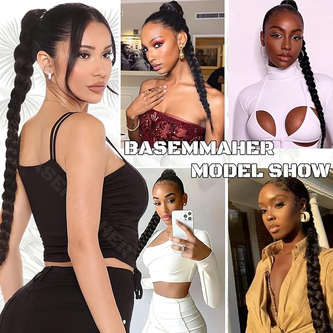 2Pcs Braided Ponytail Extensions with Hair Ties Soft Synthetic Hair Pieces Straight Wrap Around Hair Extensions Pony Tail Hairpieces Accessories for Women Daily Wear 16 Inch (Natural Black)
