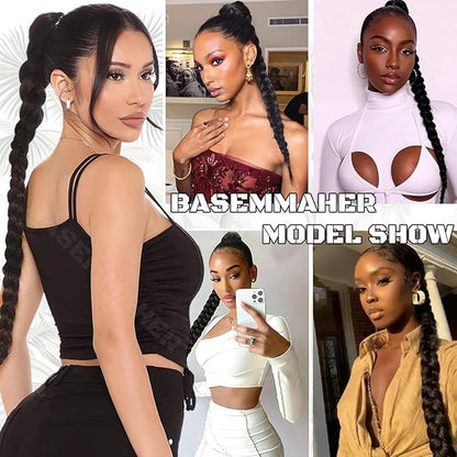 2Pcs Braided Ponytail Extensions with Hair Ties Soft Synthetic Hair Pieces Straight Wrap Around Hair Extensions Pony Tail Hairpieces Accessories for Women Daily Wear 16 Inch (Natural Black)