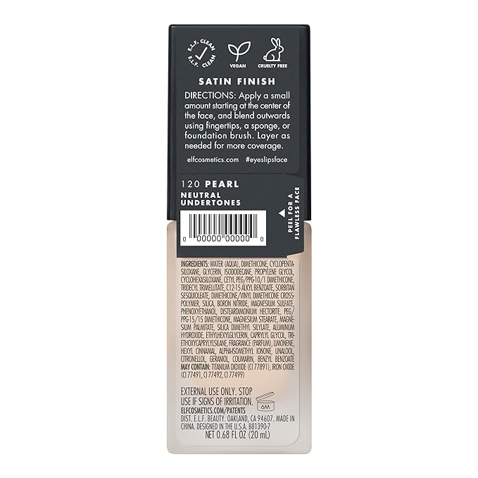 e.l.f. Flawless Satin Foundation, Lightweight & Medium Coverage, Semi-Matte Finish, Vegan & Cruelty-Free, Pearl, 0.68 Fl Oz (20mL)