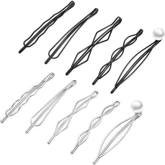 10 Pieces Geometric Metal Hair Clips and Barrettes for Women - Hair Styling Pins, Minimalist Decorative Wedding Accessories, Dainty Headwear (Silver, Black)