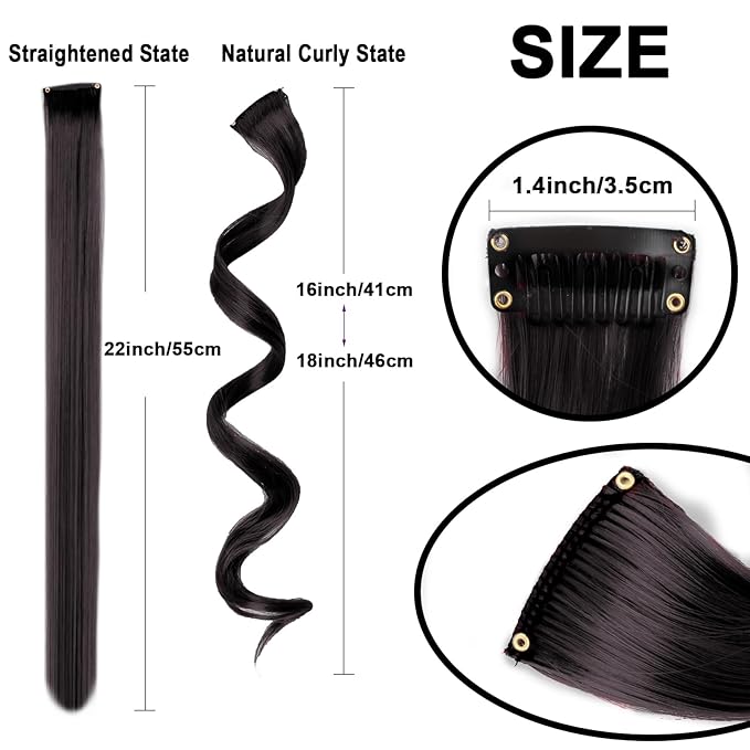 10 PCS Black Curly Wavy Clip-in Synthetic Hair Extensions, Rainbow Neon Party Highlights, Colorful Hair Accessories for Kids, Girls, Women, 17 Inch