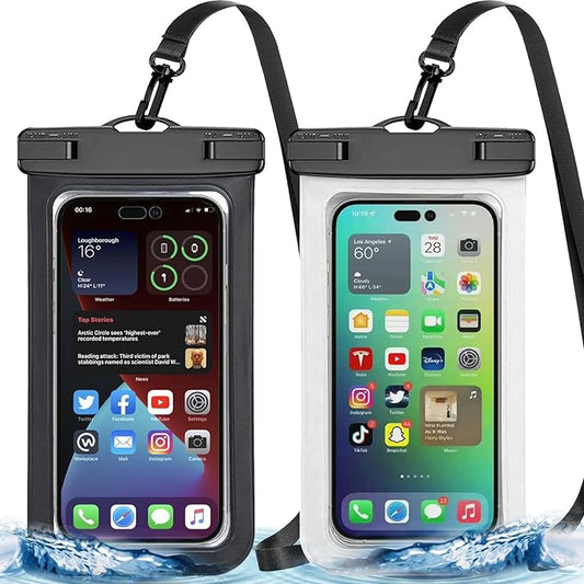 2 Pack Black White Universal Waterproof Phone Pouch, Large Phone Waterproof Case Dry Bag (Protection Level: IP68) Outdoor Sports for Apple iPhone,Samsung,and up to 7.5" (Black,White)