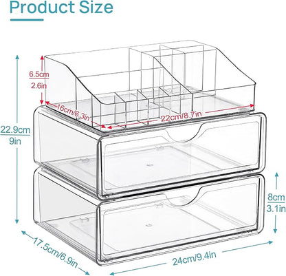Vtopmart 3 Tier Clear Makeup Organizer with Drawer, Cosmetic Storage for Dresser Countertop and Bathroom Vanity, Beauty Holder for Lipstick Brush Skincare
