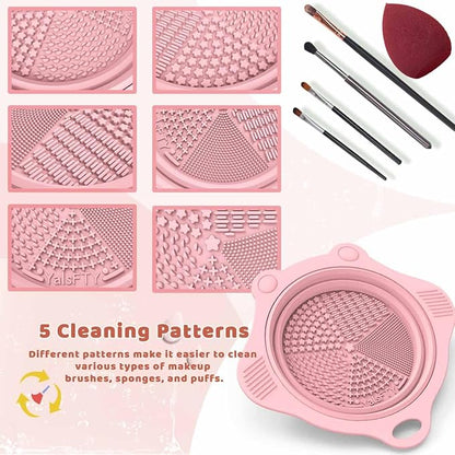 2PC Foldable Silicone Makeup Brush Cleaner Pad Bowls, YalsFTY Portable Mat Scrubber Cleaning Tool for Makeup Brushes (Pink and Green)