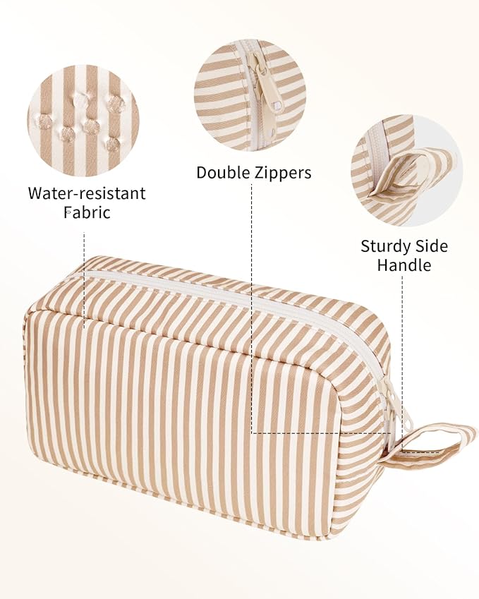 Narwey Cute Makeup Bag Small Toiletry Bag Travel Cosmetic Bag Organizer Make Up Bags with Organized Pockets for Women (Brown Stripe, Large)