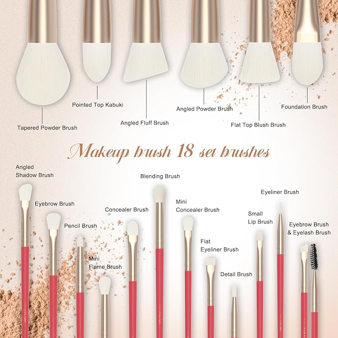 18-Piece Makeup Brush Set with Holder Case – Complete Makeup Brush Collection for Flawless Makeup Application in Red -Soft Bristles (Red)