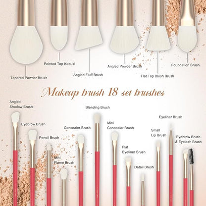 18-Piece Makeup Brush Set with Holder Case – Complete Makeup Brush Collection for Flawless Makeup Application in Red -Soft Bristles (Red)