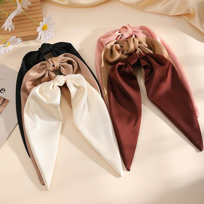 6PCS Silky Satin Hair Bows, Hair Bow Clips with Long Tail, Hair Bows for Girls & Women Elegant Bow Hair Ribbon Ponytail Holder, Alligator Metal Clips Accessories for Toddler & Kids Gifts Neutral Color