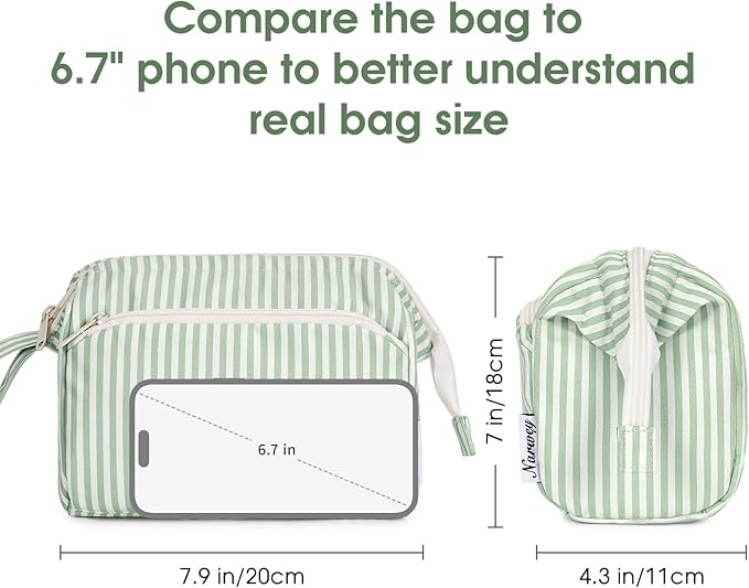 Narwey Striped Makeup Bag Women Wide-open Make up Bag Travel Cosmetic Bag Organizer Toiletry Bag for Cosmetics Toiletries Accessories (Mint Green Stripe)