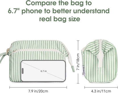 Narwey Striped Makeup Bag Women Wide-open Make up Bag Travel Cosmetic Bag Organizer Toiletry Bag for Cosmetics Toiletries Accessories (Mint Green Stripe)