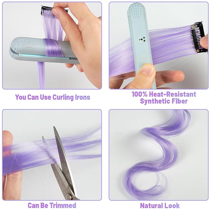 22 inch Colored Hair Extensions, Multi-colors Party Highlights Clip in Synthetic Hair Extensions, Color Party Highlights Hairpieces for Girls Women(10 PCS Light Purple)