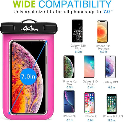 MoKo Waterproof Phone Pouch Holder 2Pack, Underwater Cellphone Case Dry Bag with Lanyard Armband Compatible with iPhone 16 15 14 13 12 11 Pro Max X/Xr/Xs/SE 3, Samsung S24/S23/S21/S10, Black+Magenta