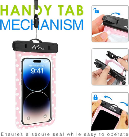 MoKo Waterproof Phone Pouch Holder, Cellphone Case Dry Bag with Lanyard Armband Compatible with iPhone 16 15 14 13 12 11 Pro Max, Samsung S24/S23/S21/S20/S10, Pink dots