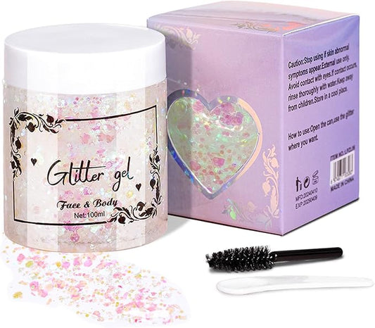 DAGEDA White Body Glitter, 100ml Chunky Glitter Rave Accessories for Festival, Face Glitter for Mermaid Makeup, Holographic Hair Glitter for Rave Party Large Capacity Glitter with Tools