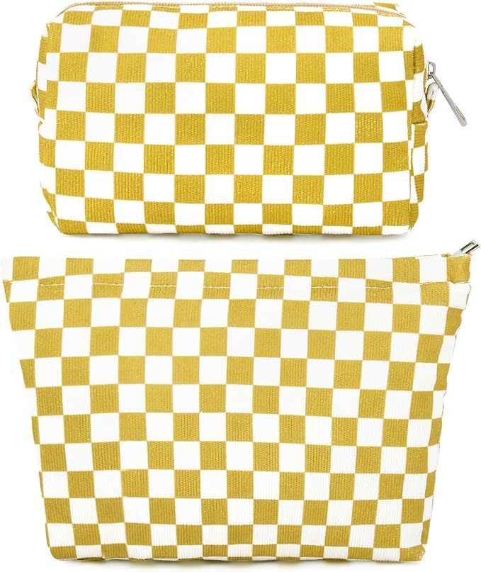 2 Pcs Checkered Makeup Bag Large Cosmetic Bag Toiletry Bag Makeup Pouch Travel Bag Organizer Cute Makeup Brushes Aesthetic Accessories Storage Bag for Women Golden Yellow