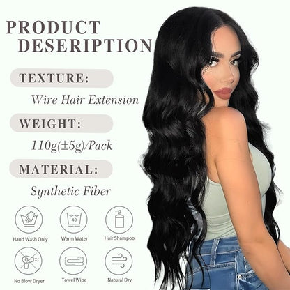 MORICA Halo Hair Extensions 20 Inch Natural Black Invisible Wire Hair Extensions,Long Wavy Synthetic Hairpiece with Transparent Wire Adjustable Size, 4 Secure Clips for Women