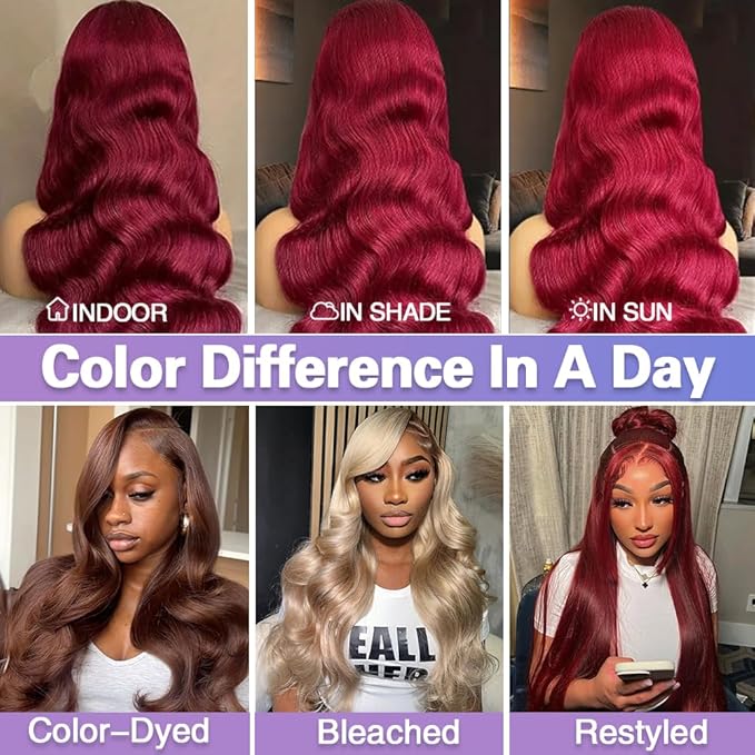 28 Inch 99j Burgundy Lace Front Wigs Human Hair Dark Shade 13x4 HD Lace Body Wave Burgundy Wig Human Hair Pre Plucked 180 Density Full Frontal with Natural Hairline Dark Tone Body Wave