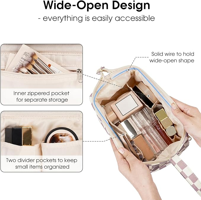 Narwey Checkered Makeup Bag Women Wide-open Make up Bag Travel Cosmetic Bag Organizer Toiletry Bag for Cosmetics Toiletries Accessories (Dusty Rose Checkerboard)