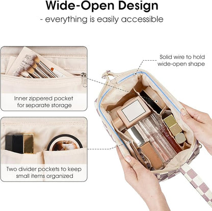 Narwey Checkered Makeup Bag Women Wide-open Make up Bag Travel Cosmetic Bag Organizer Toiletry Bag for Cosmetics Toiletries Accessories (Dusty Rose Checkerboard)