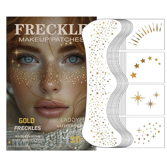 20 Pcs Gold Face Makeup Patches, Glitter Freckles Face Tattoo, Glitter Freckles, Sparkle Makeup Patches, Waterproof Face Glitter Freckles Patches for Women (Gold)