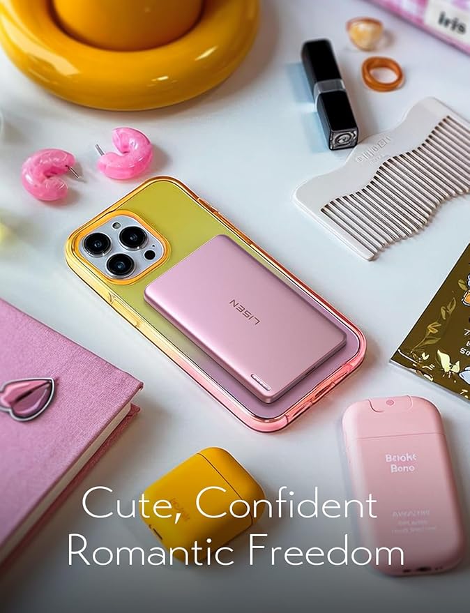 LISEN 0.3‘’ Ultra Slim MagSafe Portable Charger iPhone,Alloy 5,000mAh Wireless Charge Card Phone Charger,Slim MagSafe Battery Pack,Magnetic Power Bank for iPhone 16e Pro Max/15/14/13/12,Pink