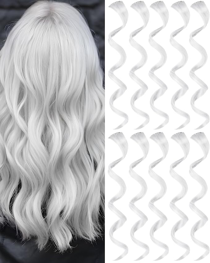 10 PCS White Hair Extensions Clip-in, Curly Wavy Synthetic Hairpieces Clip in Rainbow Neon Party Highlights, Colorful Hair Accessories for Girls Women